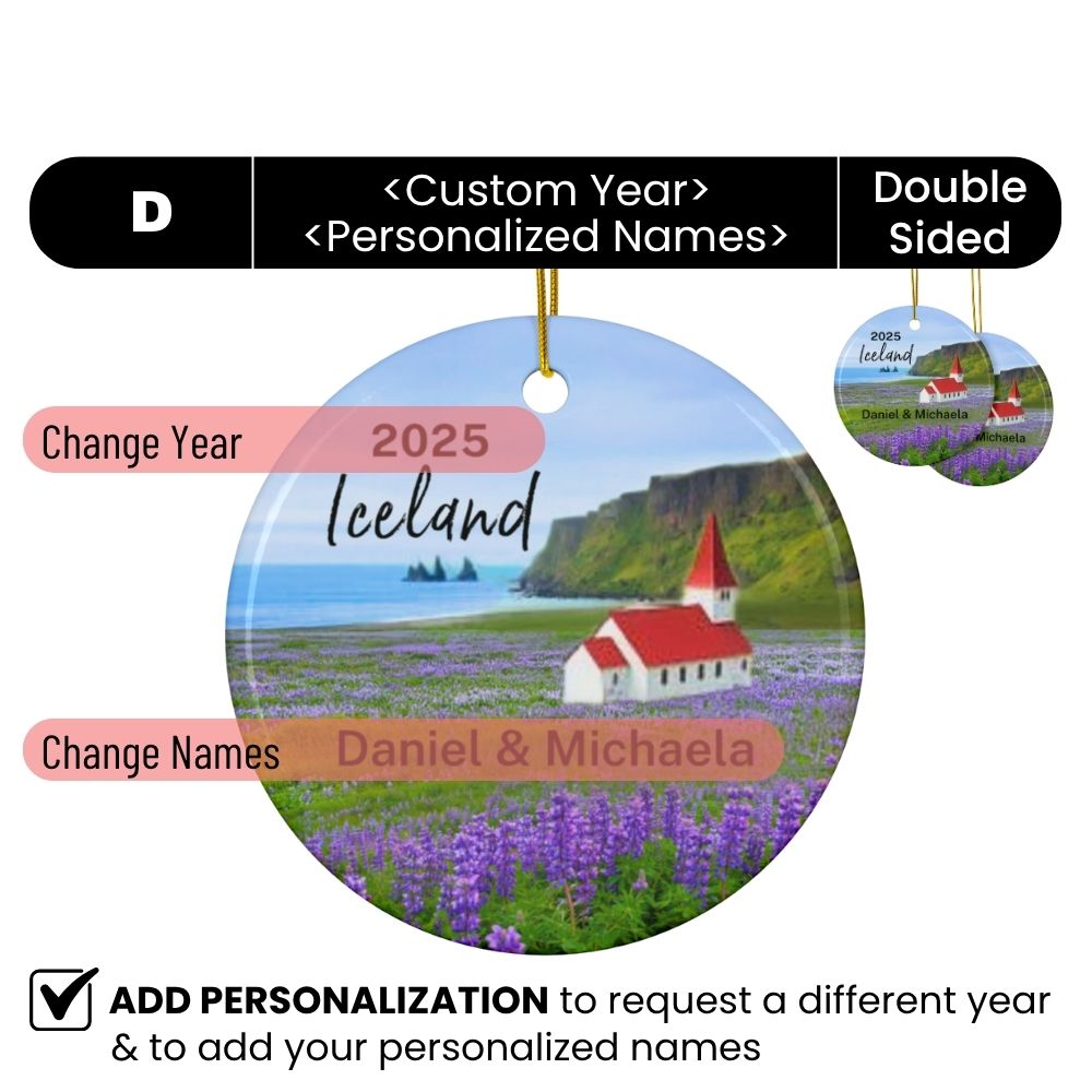 2025 Iceland Personalized Ornaments Double-Sided: Field of Purple Lupines at Vik Beach