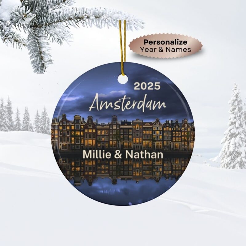 Amsterdam Personalized Ornaments: Canal Houses at Blue Hour - Custom Year & Personalized Names