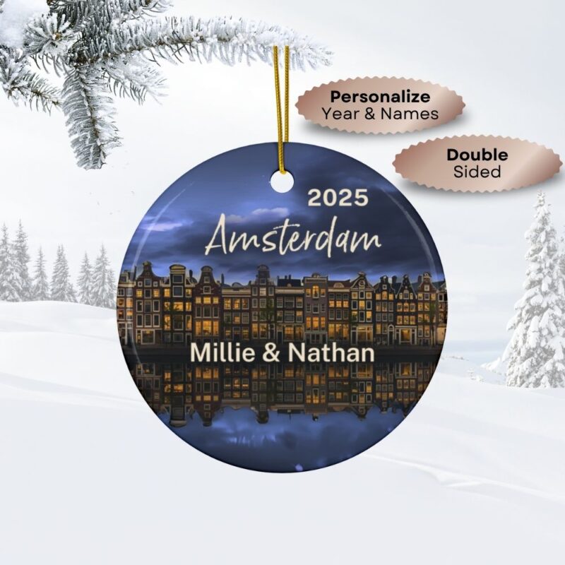 Amsterdam Personalized Ornaments: Canal Houses at Blue Hour - Custom Year & Personalized Names / Double-Sided