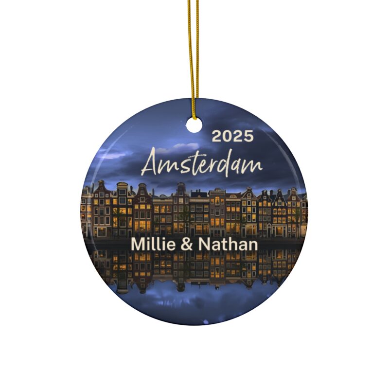 Amsterdam Personalized Ornaments: Canal Houses at Blue Hour - Custom Year & Personalized Names
