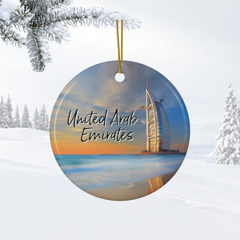 United Arab Emirates Personalized Ornaments: Burj Al Arab rising over a calm Jumeirah beach.