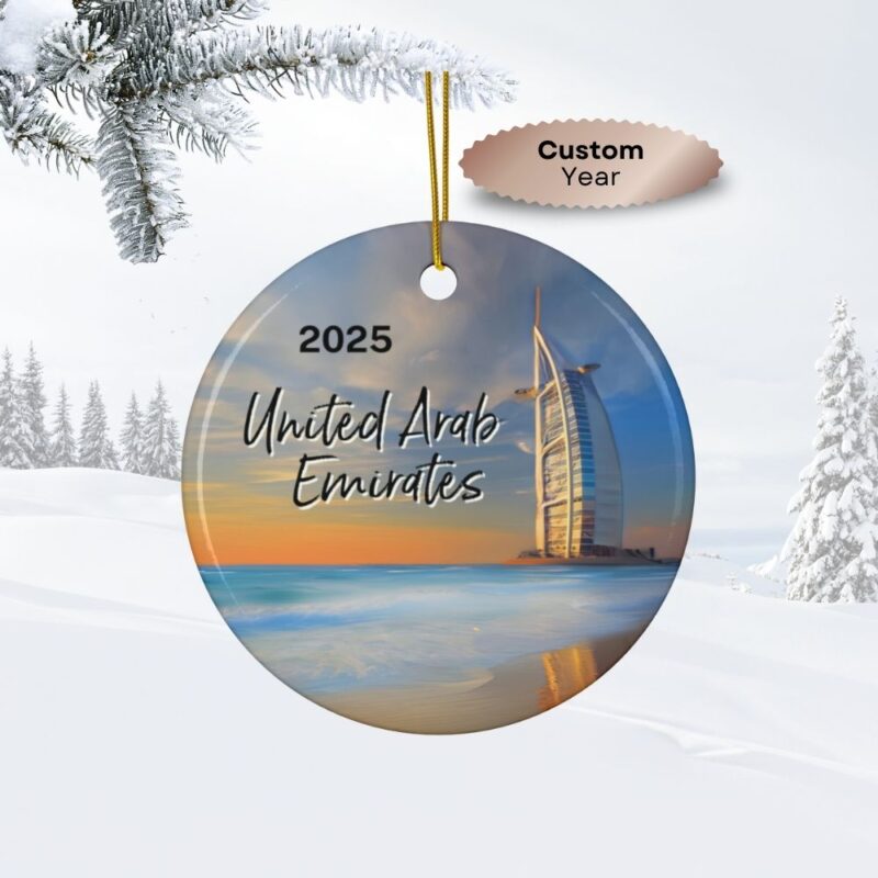 2025 United Arab Emirates Personalized Ornaments: Burj Al Arab rising over a calm Jumeirah beach.