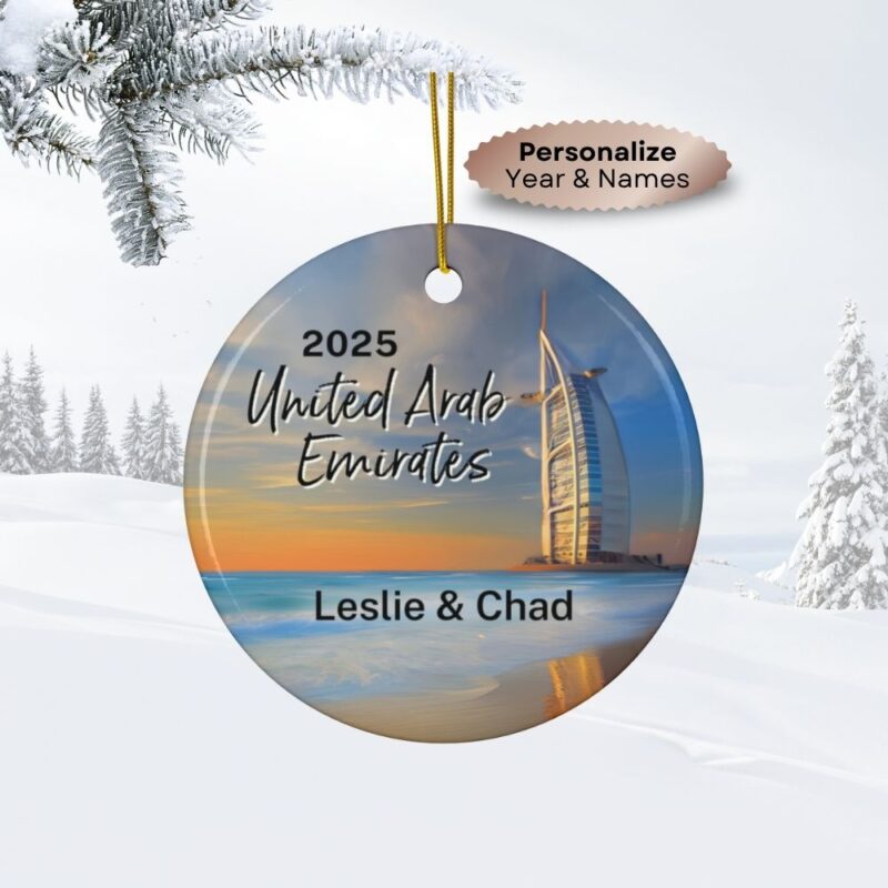 United Arab Emirates Personalized Ornaments: Burj Al Arab rising over a calm Jumeirah beach. Custom Year & Personalized Names