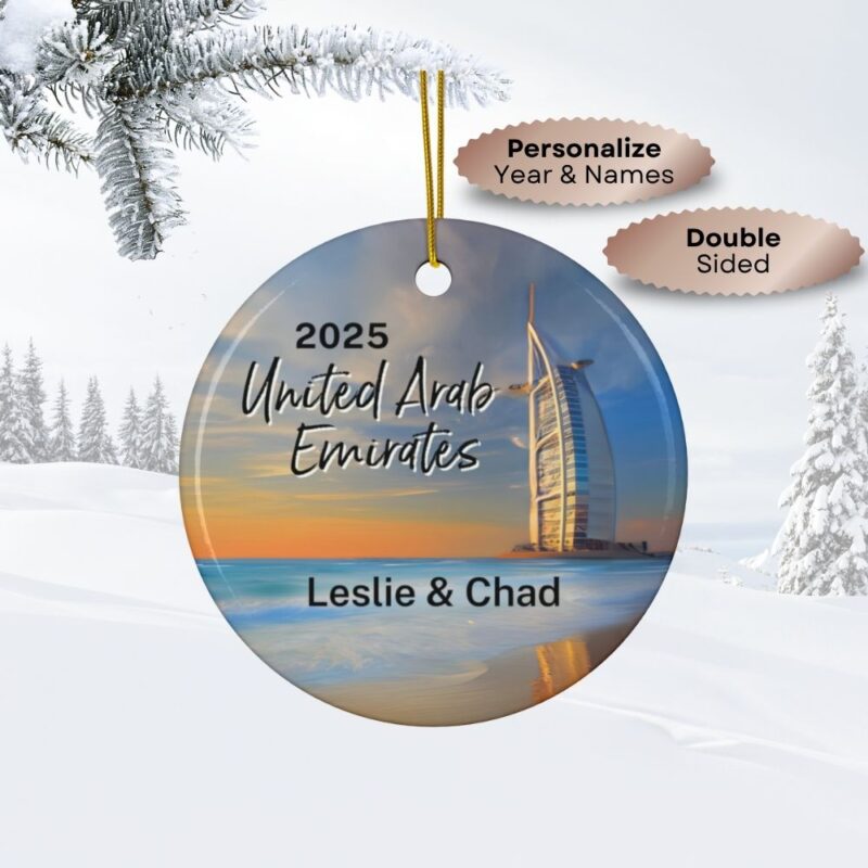 United Arab Emirates Personalized Ornaments Double-Sided Ceramic: Burj Al Arab rising over a calm Jumeirah beach. Custom Year & Personalized Names