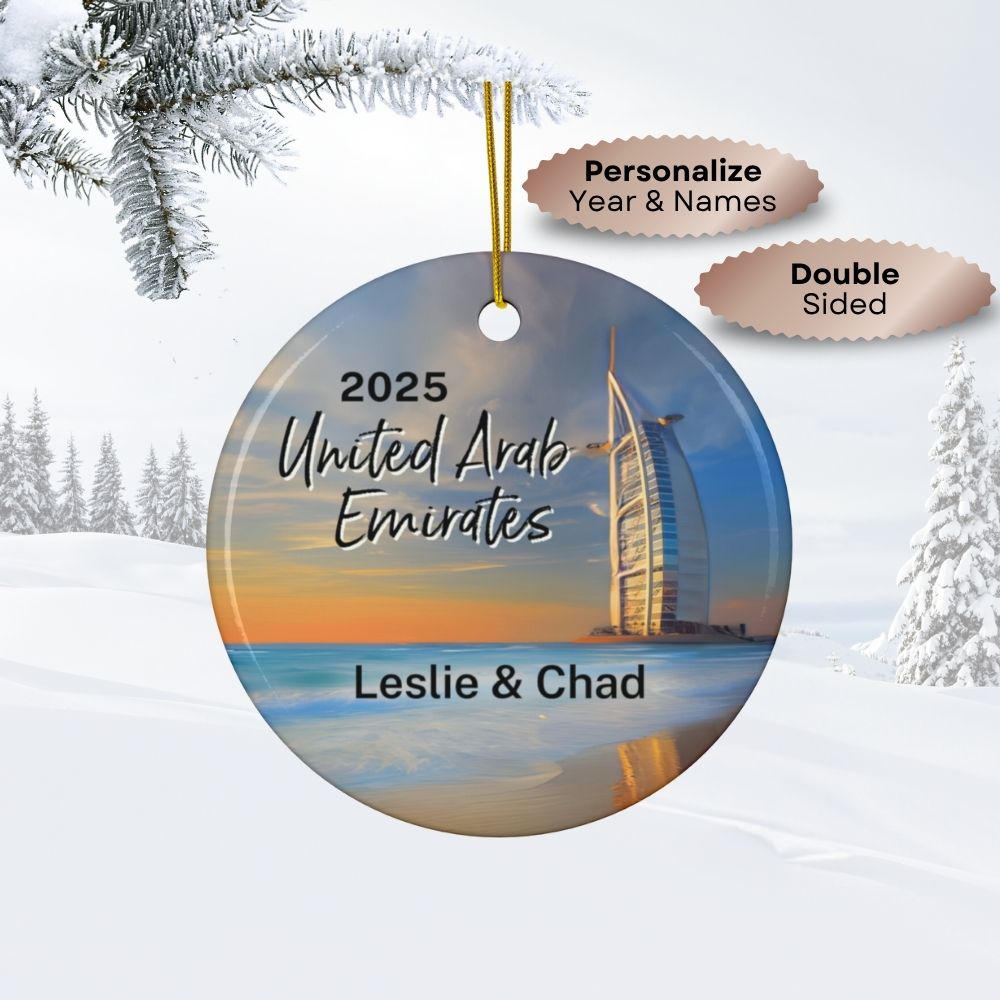 United Arab Emirates Personalized Ornaments Double-Sided Ceramic: Burj Al Arab rising over a calm Jumeirah beach. Custom Year & Personalized Names