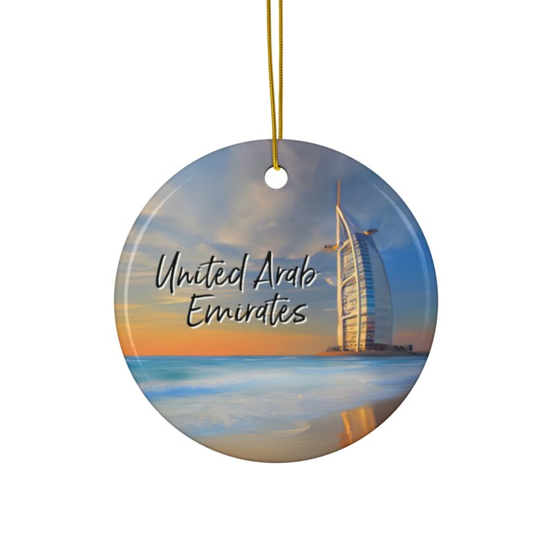 United Arab Emirates Personalized Ornaments: Burj Al Arab rising over a calm Jumeirah beach.