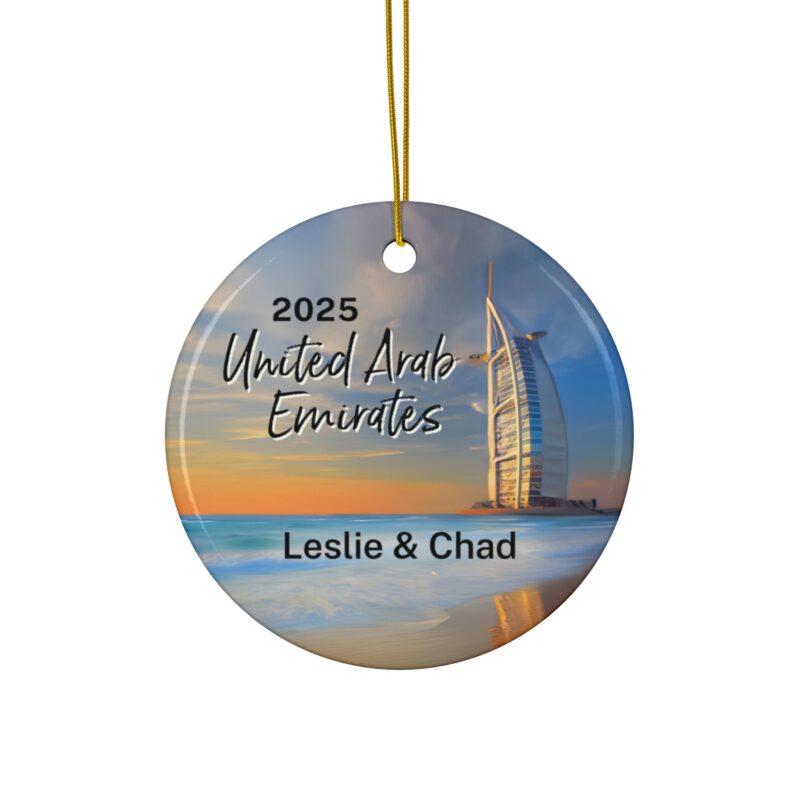 United Arab Emirates Personalized Ornaments Double-Sided Ceramic: Burj Al Arab rising over a calm Jumeirah beach. Custom Year & Personalized Names