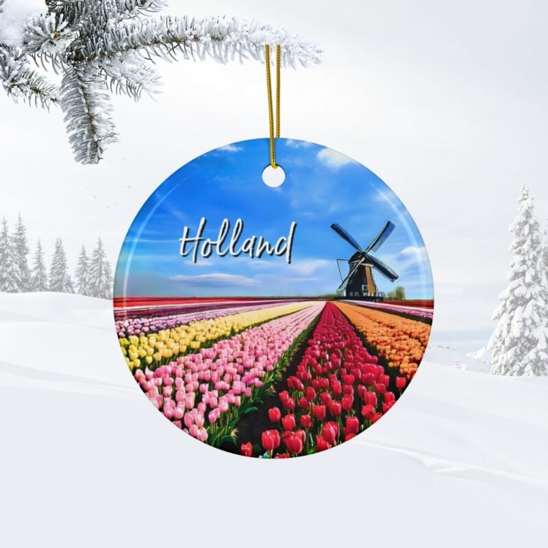 Holland The Netherlands Personalized Ornaments: Tulip fields, Blue Skies and a Windmill