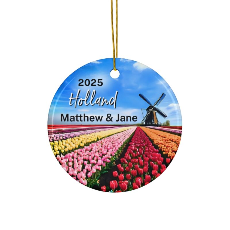 Holland The Netherlands Personalized Ornaments: Tulip fields, Blue Skies and a Windmill - Custom Year & Personalized Names