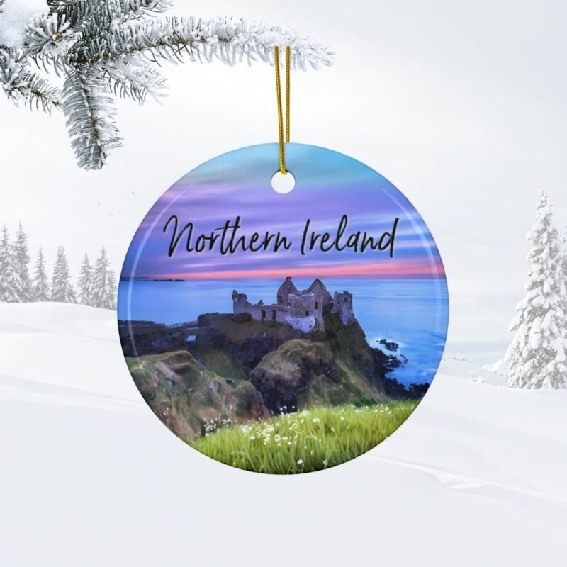 Northern Ireland Personalized Ornaments: Dunluce Castle with a Purple Sunset