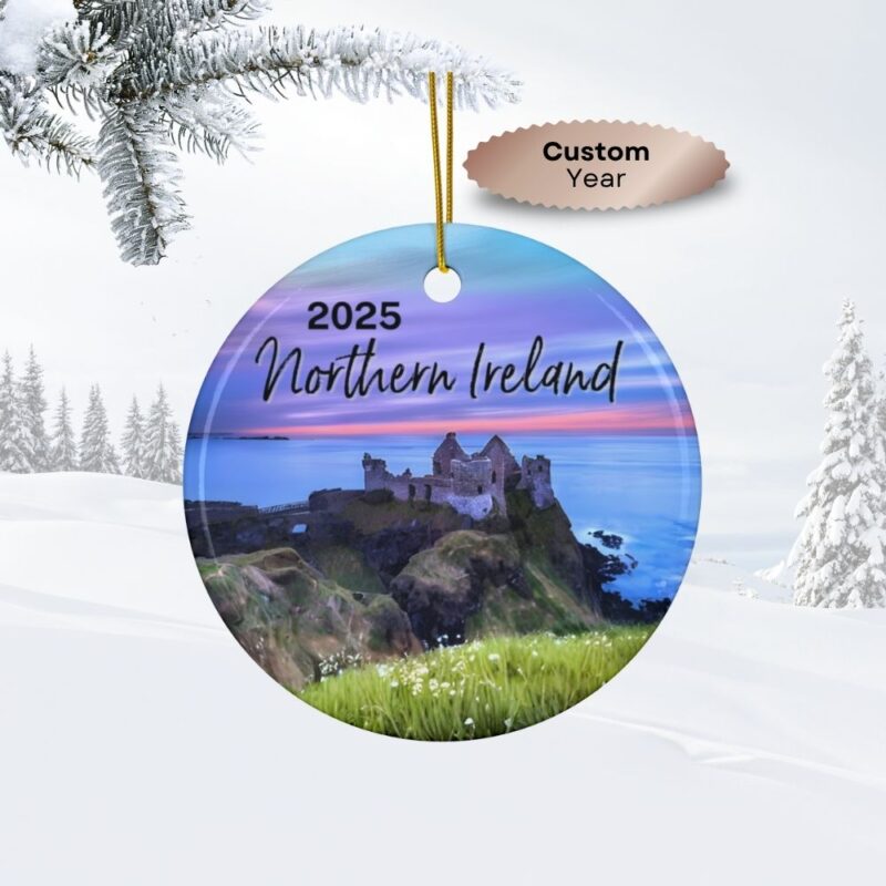2025 Northern Ireland Personalized Ornaments: Dunluce Castle with a Purple Sunset