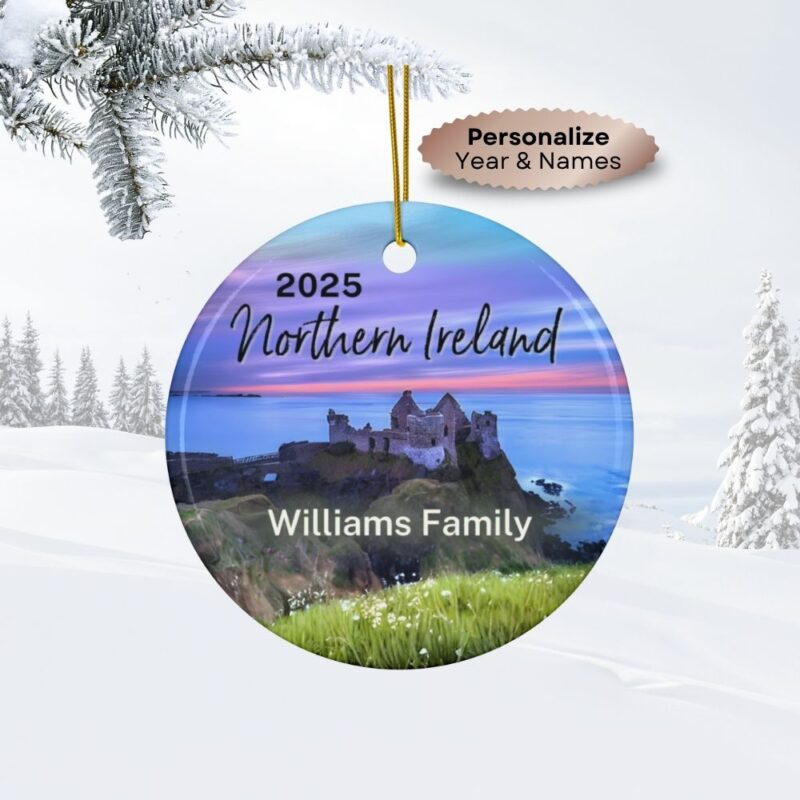 Northern Ireland Personalized Ornaments Ceramic : Dunluce Castle with a Purple Sunset