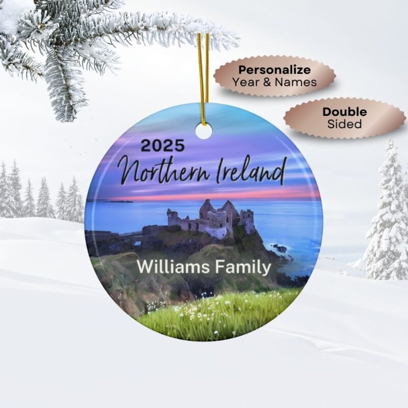 Northern Ireland Personalized Ornaments Double-Sided Ceramic : Dunluce Castle with a Purple Sunset