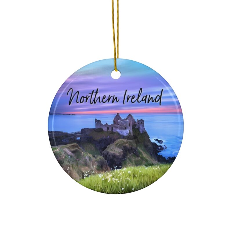 Northern Ireland Personalized Ornaments: Dunluce Castle with a Purple Sunset