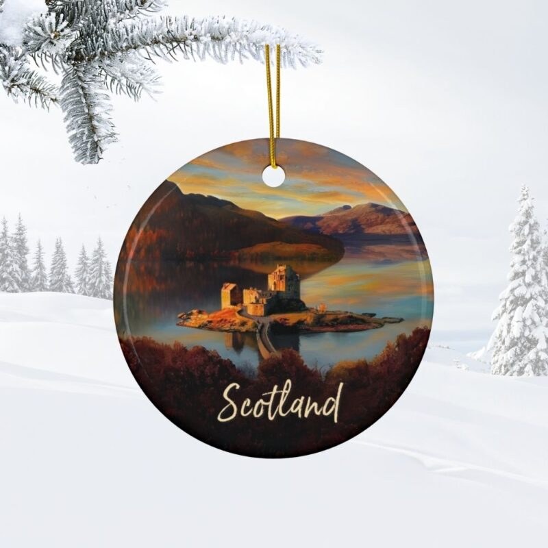 Scotland Personalized Christmas Ornaments: Eilean Donan Castle : Personalized ceramic travel-themed oil-painting printed ornament 2025, single-sided or double-sided, customizable name and year, unique holiday gifts for travelers to remember your vacation or trip. Every Adventure Remembered.