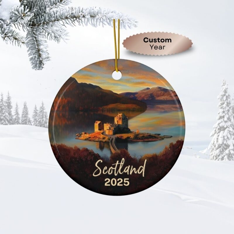 2025 Scotland Personalized Christmas Ornaments: Eilean Donan Castle : Personalized ceramic travel-themed oil-painting printed ornament 2025, single-sided or double-sided, customizable name and year, unique holiday gifts for travelers to remember your vacation or trip. Every Adventure Remembered.