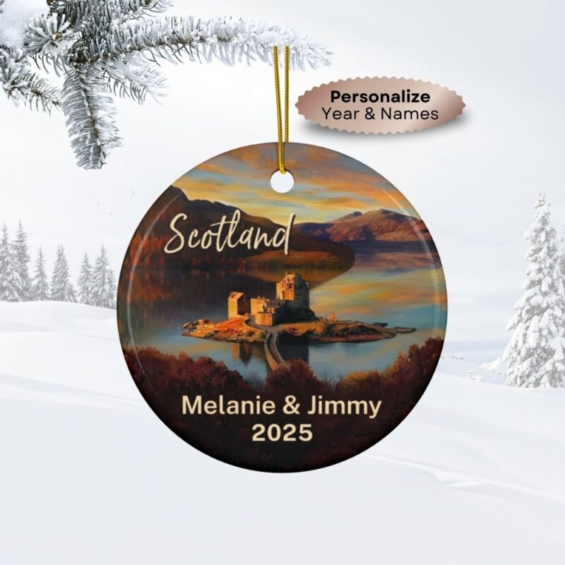 Scotland Personalized Christmas Ornaments: Eilean Donan Castle : Personalized ceramic travel-themed oil-painting printed ornament 2025, single-sided or double-sided, customizable name and year, unique holiday gifts for travelers to remember your vacation or trip. Every Adventure Remembered.