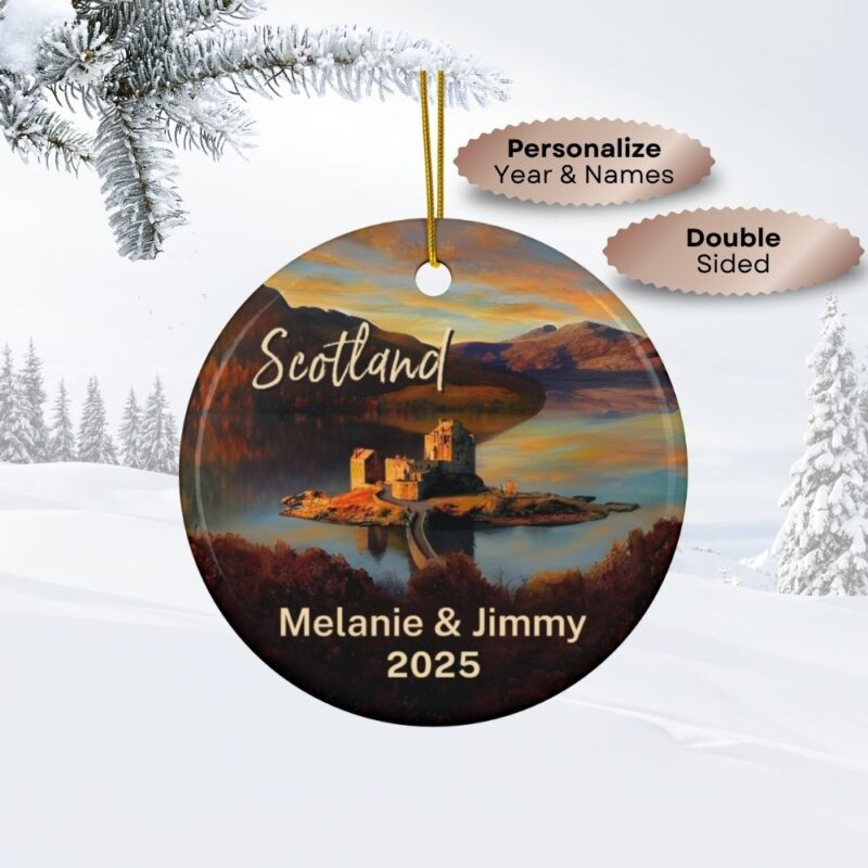 Scotland Personalized Christmas Ornaments: Eilean Donan Castle : Personalized ceramic travel-themed oil-painting printed ornament 2025, single-sided or double-sided, customizable name and year, unique holiday gifts for travelers to remember your vacation or trip. Every Adventure Remembered.