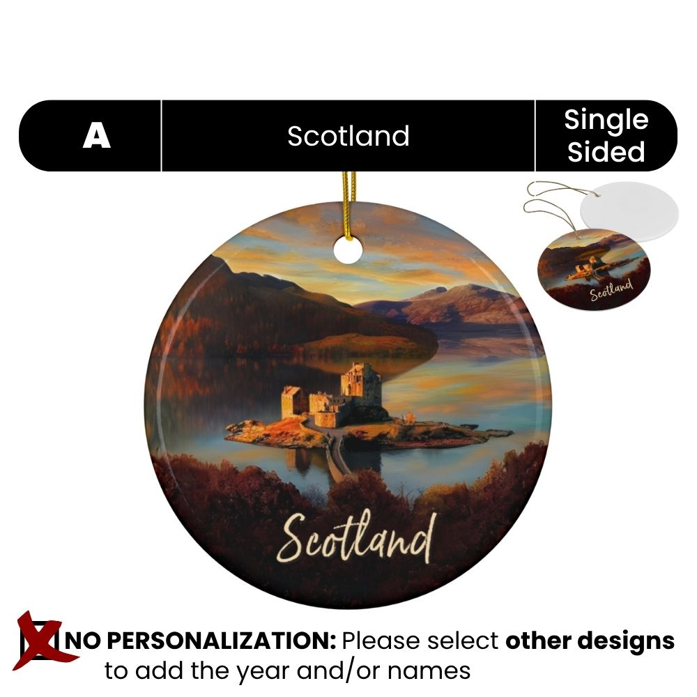 Scotland Personalized Christmas Ornaments: Eilean Donan Castle : Personalized ceramic travel-themed oil-painting printed ornament 2025, single-sided or double-sided, customizable name and year, unique holiday gifts for travelers to remember your vacation or trip. Every Adventure Remembered.