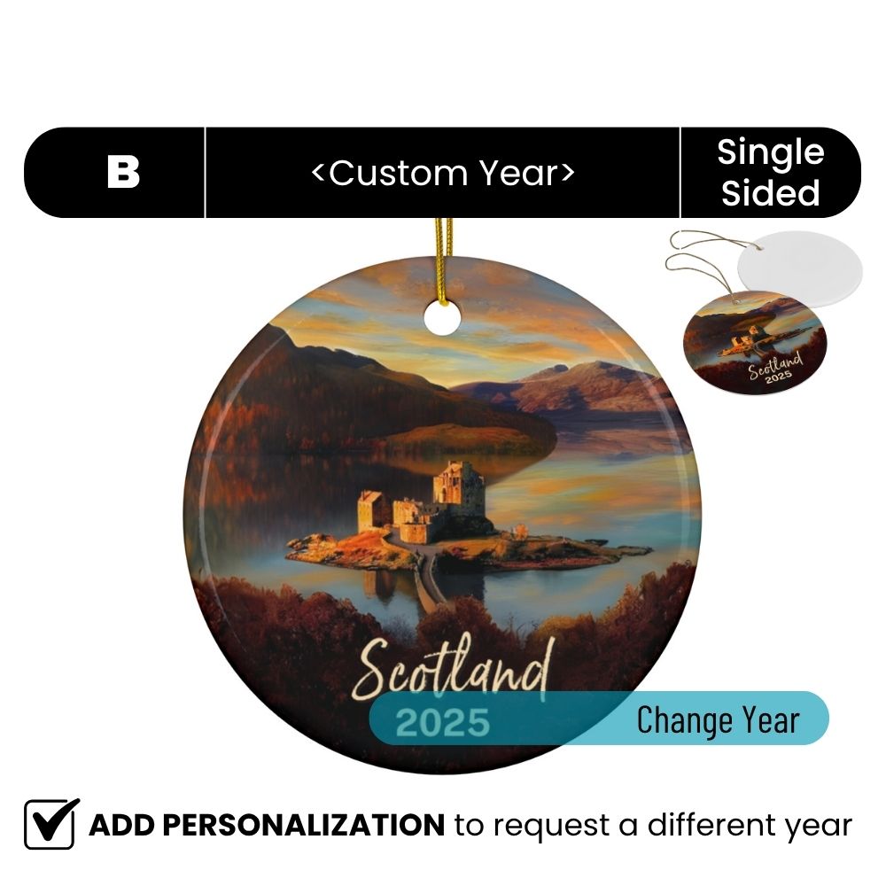 Scotland Personalized Christmas Ornaments: Eilean Donan Castle : Personalized ceramic travel-themed oil-painting printed ornament 2025, single-sided or double-sided, customizable name and year, unique holiday gifts for travelers to remember your vacation or trip. Every Adventure Remembered.