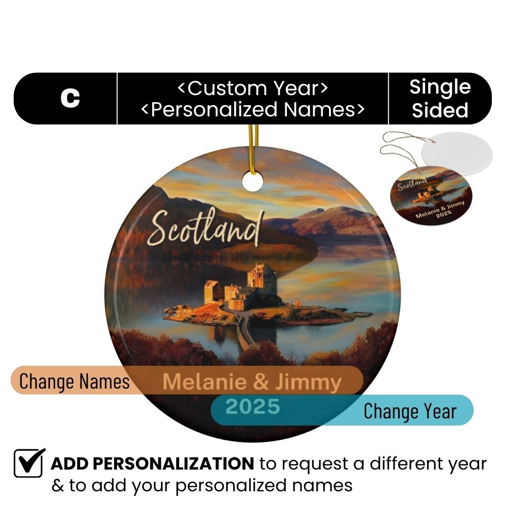 Scotland Personalized Christmas Ornaments: Eilean Donan Castle : Personalized ceramic travel-themed oil-painting printed ornament 2025, single-sided or double-sided, customizable name and year, unique holiday gifts for travelers to remember your vacation or trip. Every Adventure Remembered.