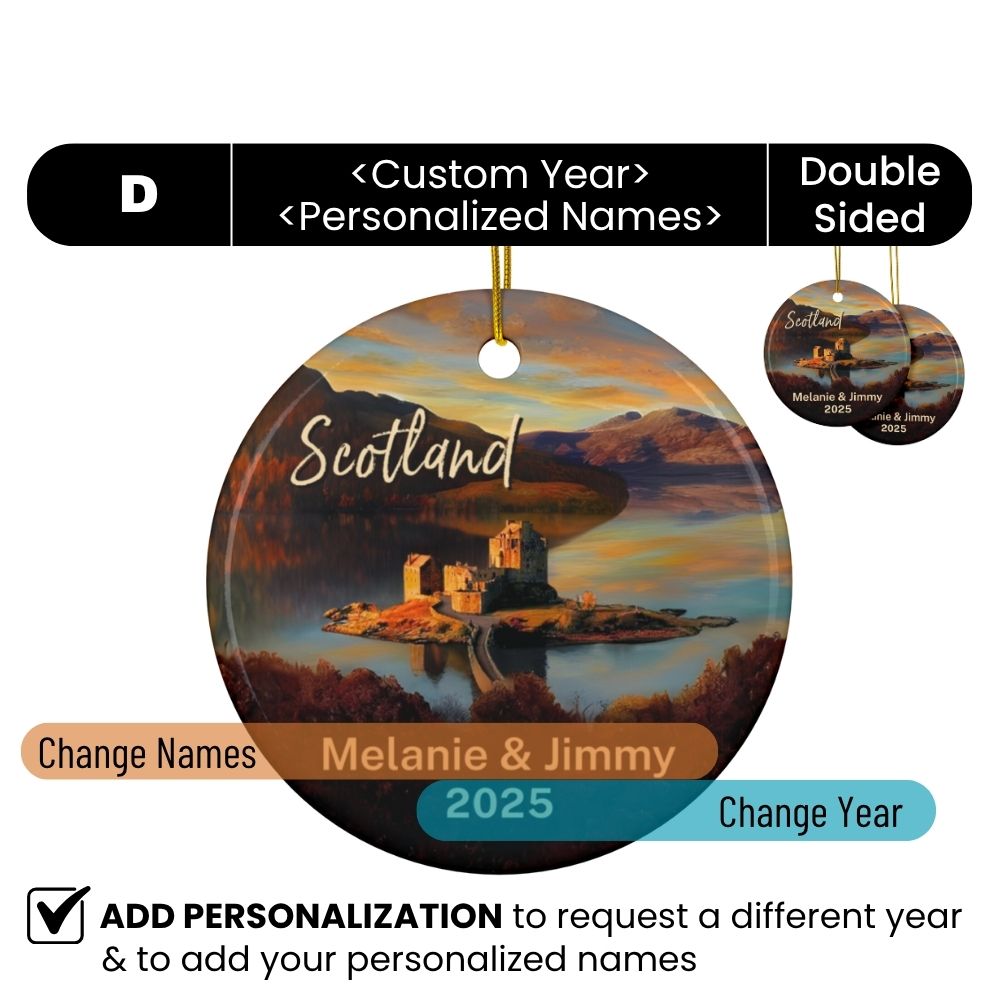 Scotland Personalized Christmas Ornaments: Eilean Donan Castle : Personalized ceramic travel-themed oil-painting printed ornament 2025, single-sided or double-sided, customizable name and year, unique holiday gifts for travelers to remember your vacation or trip. Every Adventure Remembered.