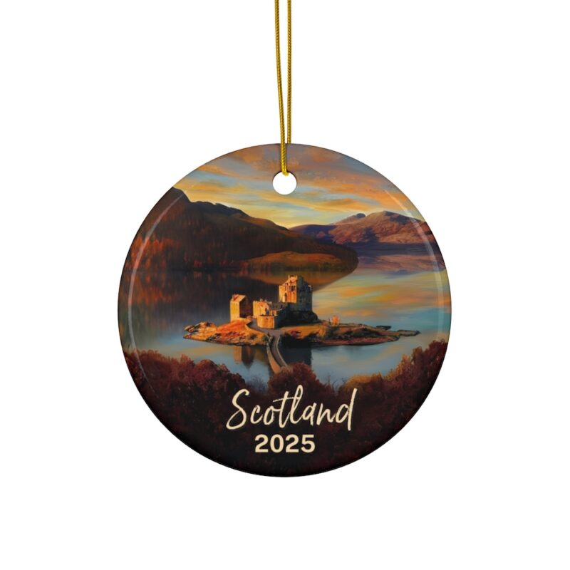 Scotland Personalized Christmas Ornaments: Eilean Donan Castle : Personalized ceramic travel-themed oil-painting printed ornament 2025, single-sided or double-sided, customizable name and year, unique holiday gifts for travelers to remember your vacation or trip. Every Adventure Remembered.