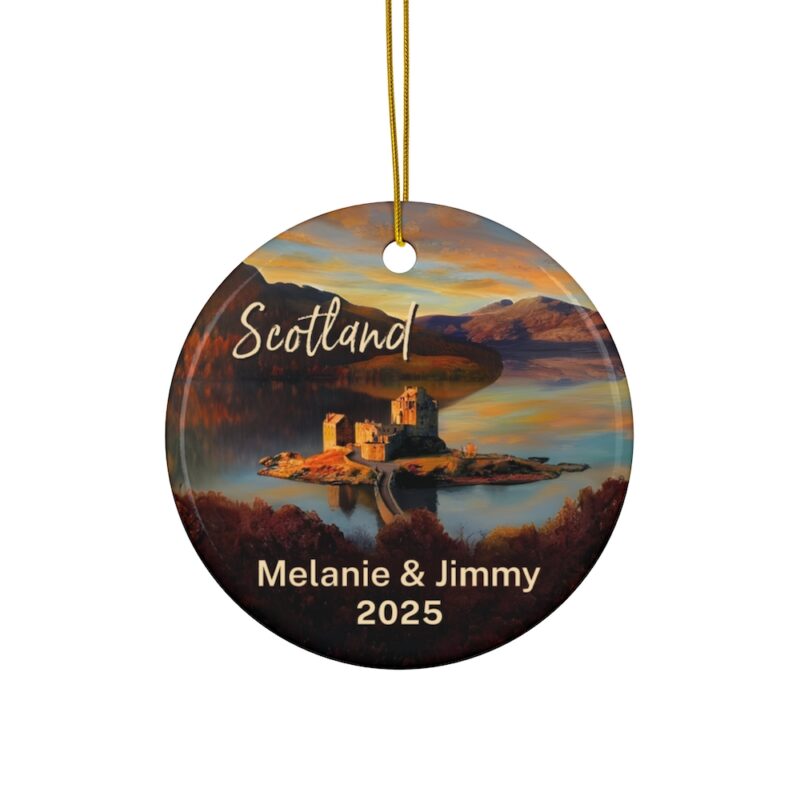 Scotland Personalized Christmas Ornaments: Eilean Donan Castle : Personalized ceramic travel-themed oil-painting printed ornament 2025, single-sided or double-sided, customizable name and year, unique holiday gifts for travelers to remember your vacation or trip. Every Adventure Remembered.