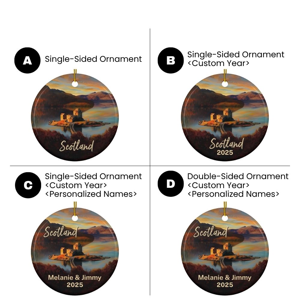 Scotland Personalized Christmas Ornaments: Eilean Donan Castle : Personalized ceramic travel-themed oil-painting printed ornament 2025, single-sided or double-sided, customizable name and year, unique holiday gifts for travelers to remember your vacation or trip. Every Adventure Remembered. (Variations)