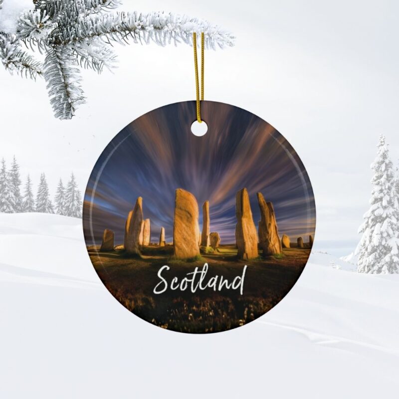 Scotland Callanish Stones Outlander Inspired Craig Na Dun Standing Stones: Personalized ceramic travel-themed oil-painting printed ornament 2025, single-sided or double-sided, customizable name and year, unique holiday gifts for travelers to remember your vacation or trip. Every Adventure Remembered.