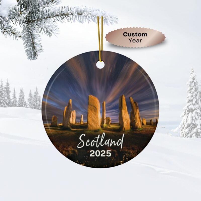 Scotland Callanish Stones Outlander Inspired Craig Na Dun Standing Stones: Personalized ceramic travel-themed oil-painting printed ornament 2025, single-sided or double-sided, customizable name and year, unique holiday gifts for travelers to remember your vacation or trip. Every Adventure Remembered.