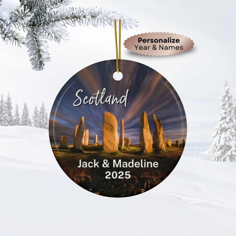 Scotland Callanish Stones Outlander Inspired Craig Na Dun Standing Stones: Personalized ceramic travel-themed oil-painting printed ornament 2025, single-sided or double-sided, customizable name and year, unique holiday gifts for travelers to remember your vacation or trip. Every Adventure Remembered.