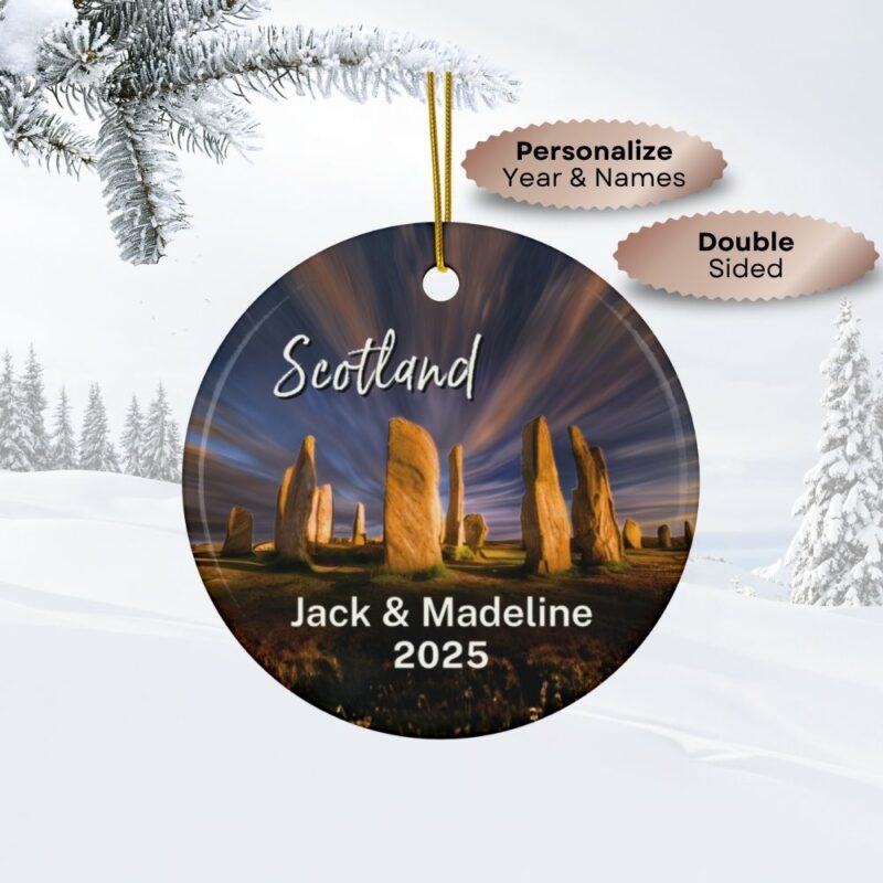 Scotland Callanish Stones Outlander Inspired Craig Na Dun Standing Stones: Personalized ceramic travel-themed oil-painting printed ornament 2025, single-sided or double-sided, customizable name and year, unique holiday gifts for travelers to remember your vacation or trip. Every Adventure Remembered.