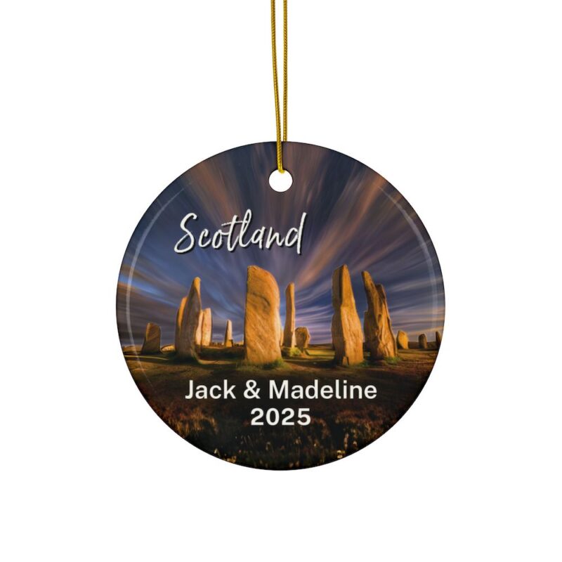 Scotland Callanish Stones Outlander Inspired Craig Na Dun Standing Stones: Personalized ceramic travel-themed oil-painting printed ornament 2025, single-sided or double-sided, customizable name and year, unique holiday gifts for travelers to remember your vacation or trip. Every Adventure Remembered.