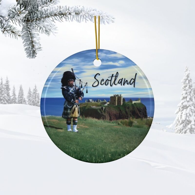 Scotland Bagpiper on cliff overlooking Dunnottar Castle: Personalized ceramic travel-themed oil-painting printed ornament 2025, single-sided or double-sided, customizable name and year, unique holiday gifts for travelers to remember your vacation or trip. Every Adventure Remembered.
