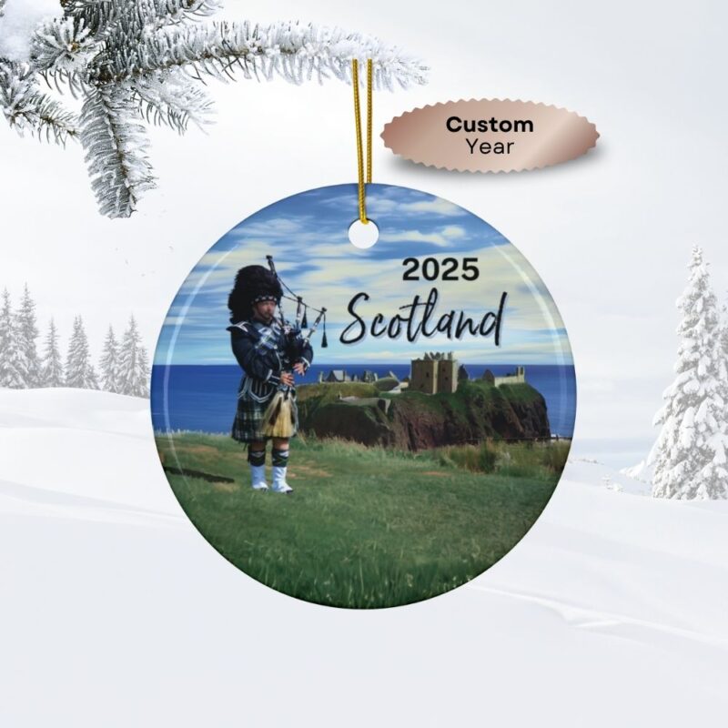 Scotland Bagpiper on cliff overlooking Dunnottar Castle: Personalized ceramic travel-themed oil-painting printed ornament 2025, single-sided or double-sided, customizable name and year, unique holiday gifts for travelers to remember your vacation or trip. Every Adventure Remembered.
