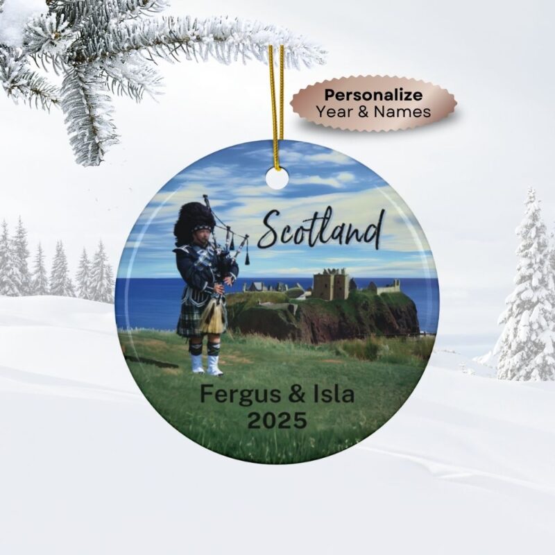 Scotland Bagpiper on cliff overlooking Dunnottar Castle: Personalized ceramic travel-themed oil-painting printed ornament 2025, single-sided or double-sided, customizable name and year, unique holiday gifts for travelers to remember your vacation or trip. Every Adventure Remembered.