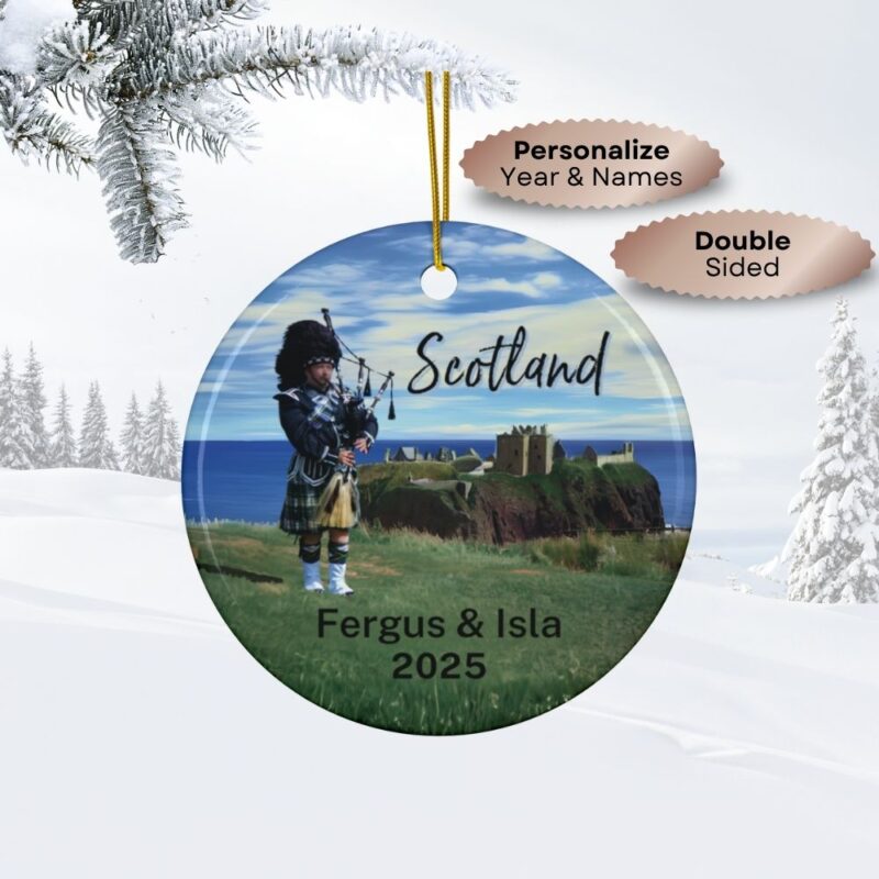 Scotland Bagpiper on cliff overlooking Dunnottar Castle: Personalized ceramic travel-themed oil-painting printed ornament 2025, single-sided or double-sided, customizable name and year, unique holiday gifts for travelers to remember your vacation or trip. Every Adventure Remembered.