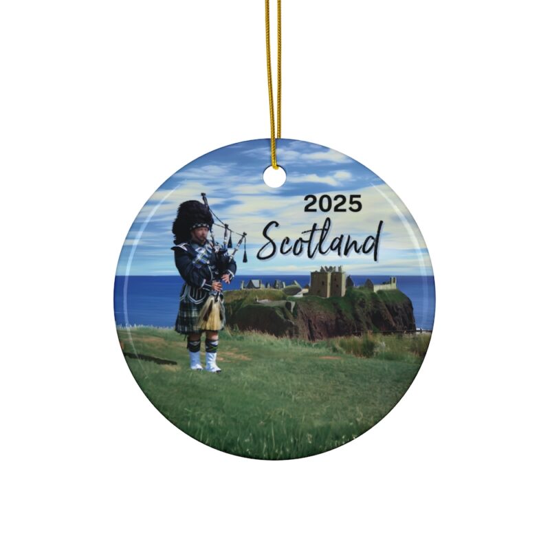 Scotland Bagpiper on cliff overlooking Dunnottar Castle: Personalized ceramic travel-themed oil-painting printed ornament 2025, single-sided or double-sided, customizable name and year, unique holiday gifts for travelers to remember your vacation or trip. Every Adventure Remembered.