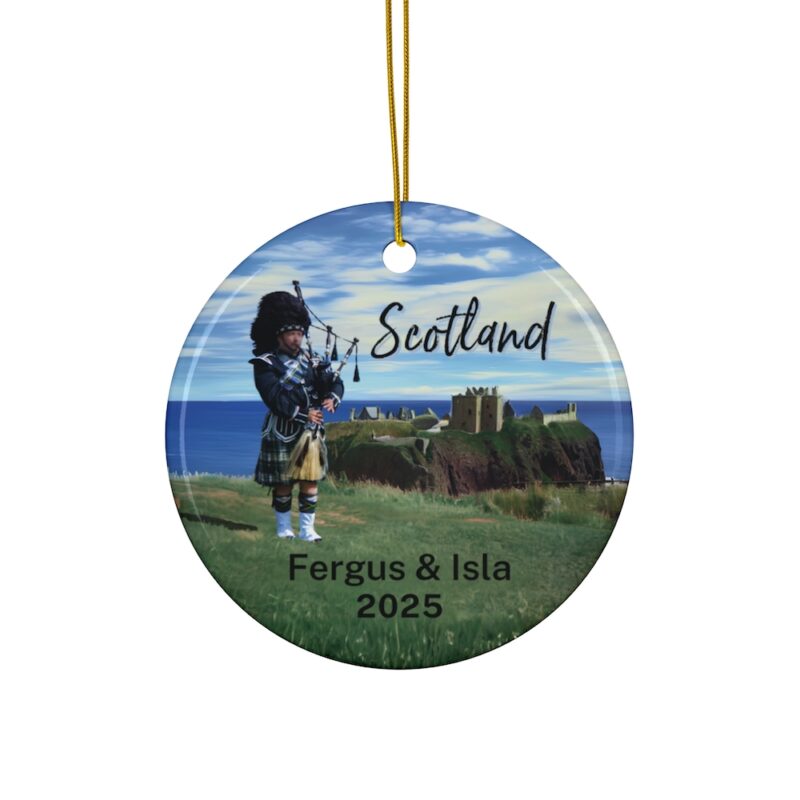 Scotland Bagpiper on cliff overlooking Dunnottar Castle: Personalized ceramic travel-themed oil-painting printed ornament 2025, single-sided or double-sided, customizable name and year, unique holiday gifts for travelers to remember your vacation or trip. Every Adventure Remembered.