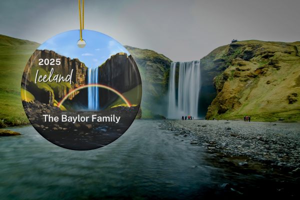 FernwehTravelGifts.com Iceland Skogafoss Waterfall with Rainbow Souvenir Ornament
