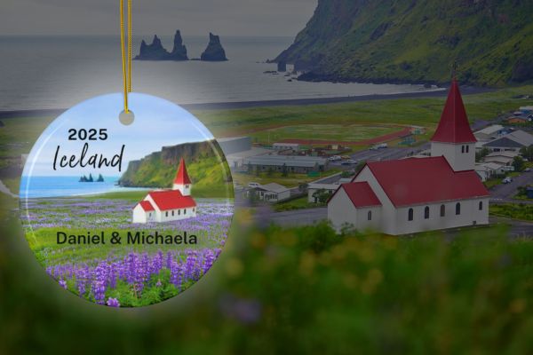 FernwehTravelGifts.com Iceland VIk Coastline & Lupines with Vikurkirkja  Souvenir Ornament