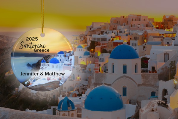 FernwehTravelGifts.com Greece Travel Ornament: Santorini Sunset over the Blue Domes