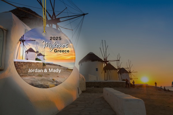FernwehTravelGifts.com Greece Travel Ornament: Mykonos Windmills at Sunset