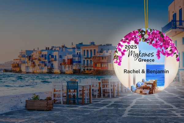 FernwehTravelGifts.com Greece Travel Ornament: Mykonos blue Doors and Pink Bouganvillea